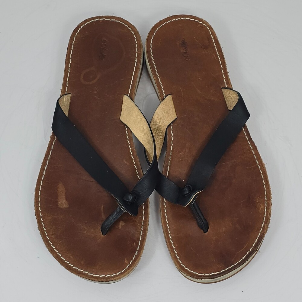 OLUKAI Nohie Women's 39 US 9 Flip Flop Thong Sandals Black Leather Beach Summer